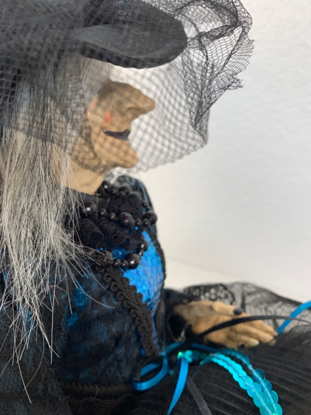 Spooky Old Witch With Broom Doll Shelf Sitter Blue Black Halloween Scary Decor - Picture 13 of 16